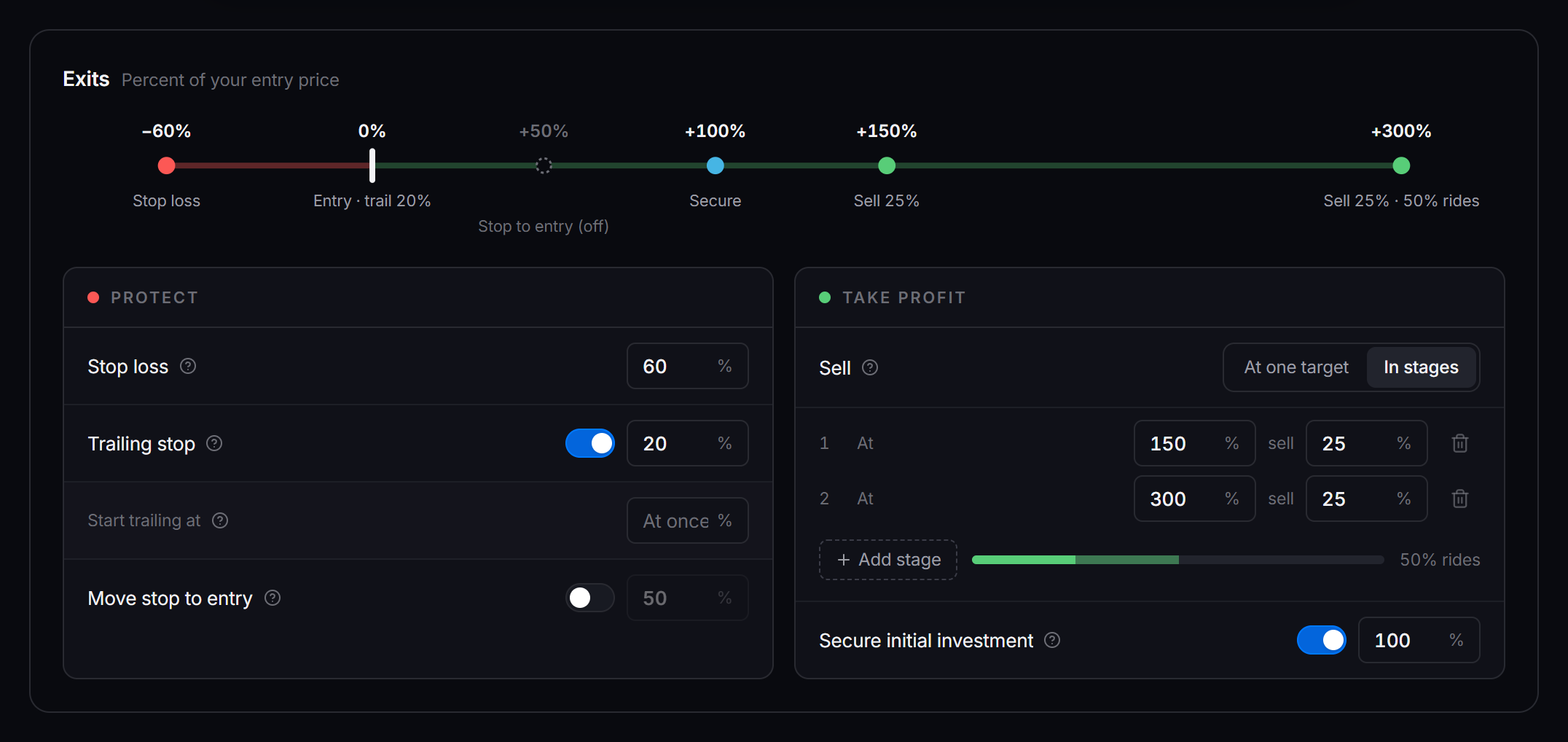 The Exits tab on a Robinhood Chain strategy