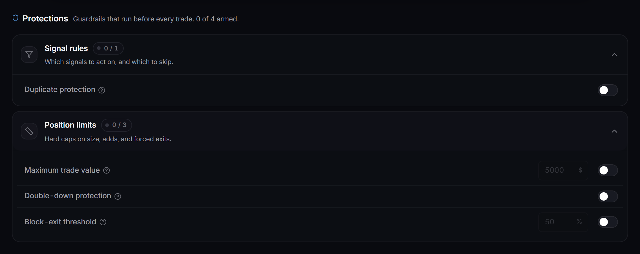 The Protections tab on a Robinhood Chain strategy