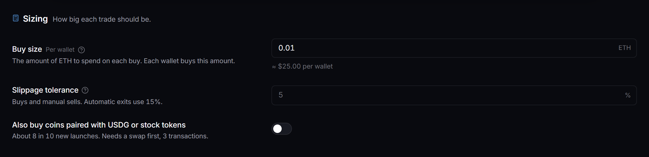 The Sizing tab on a Robinhood Chain strategy