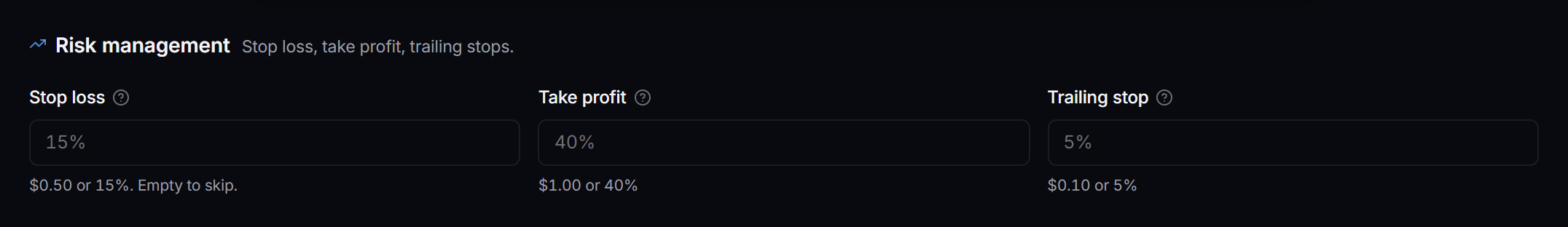 The Risk & exits tab, with the Stop loss, Take profit, and Trailing stop fields and a live risk simulator below