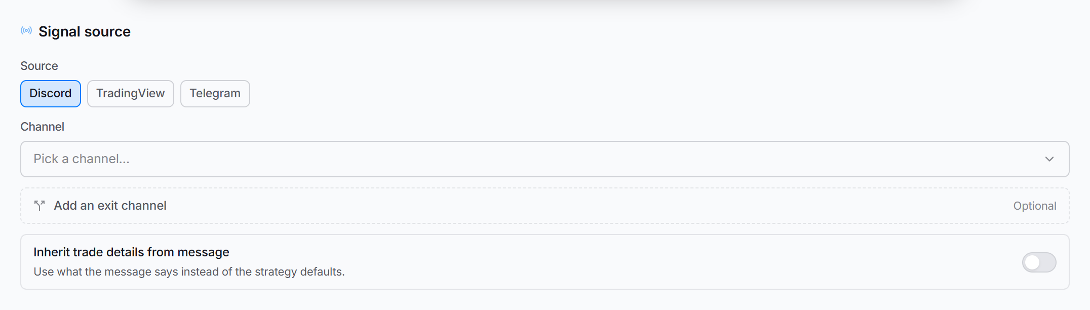 The Signal source section of a Discord strategy: the source toggle, a channel picker, an optional exit channel, and the inherit-details switch
