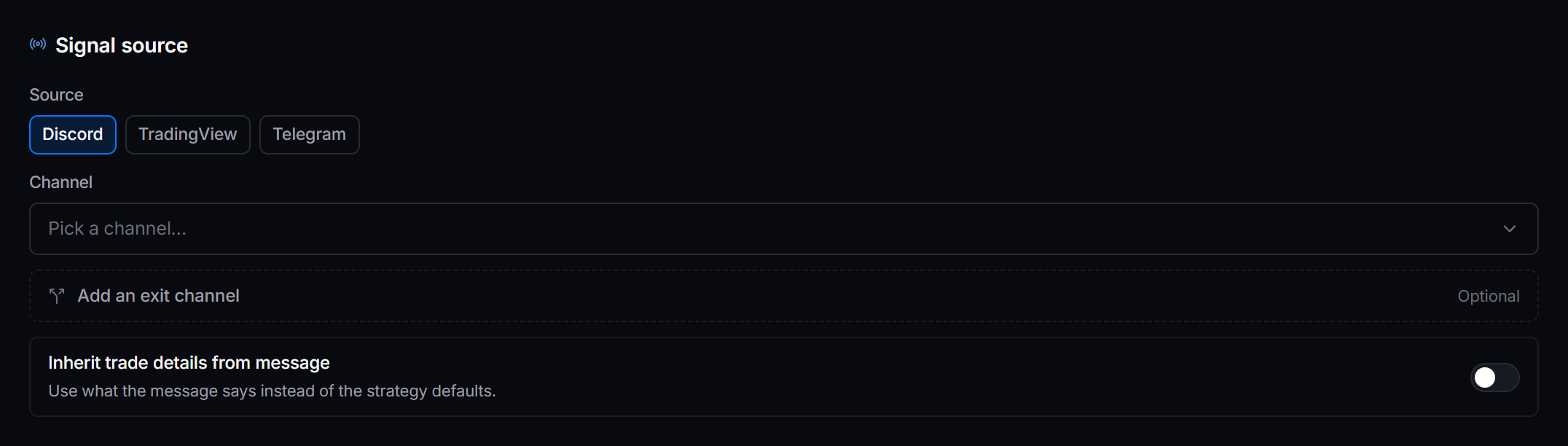 The Signal source section of a Discord strategy: the source toggle, a channel picker, an optional exit channel, and the inherit-details switch