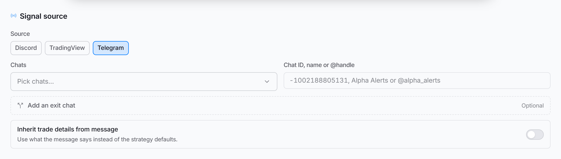 The Signal source section of a Telegram strategy: the source toggle, a chat picker, and the inherit-details switch