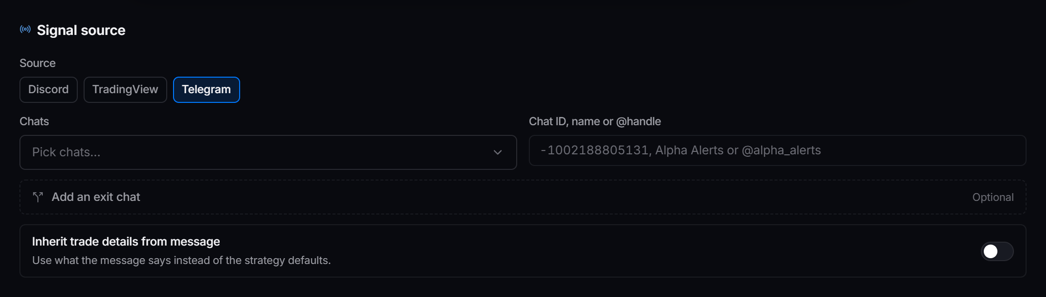 The Signal source section of a Telegram strategy: the source toggle, a chat picker, and the inherit-details switch