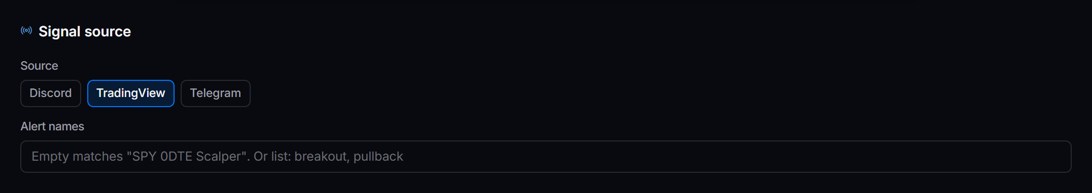 The Signal source section of a TradingView strategy, showing the Alert names field