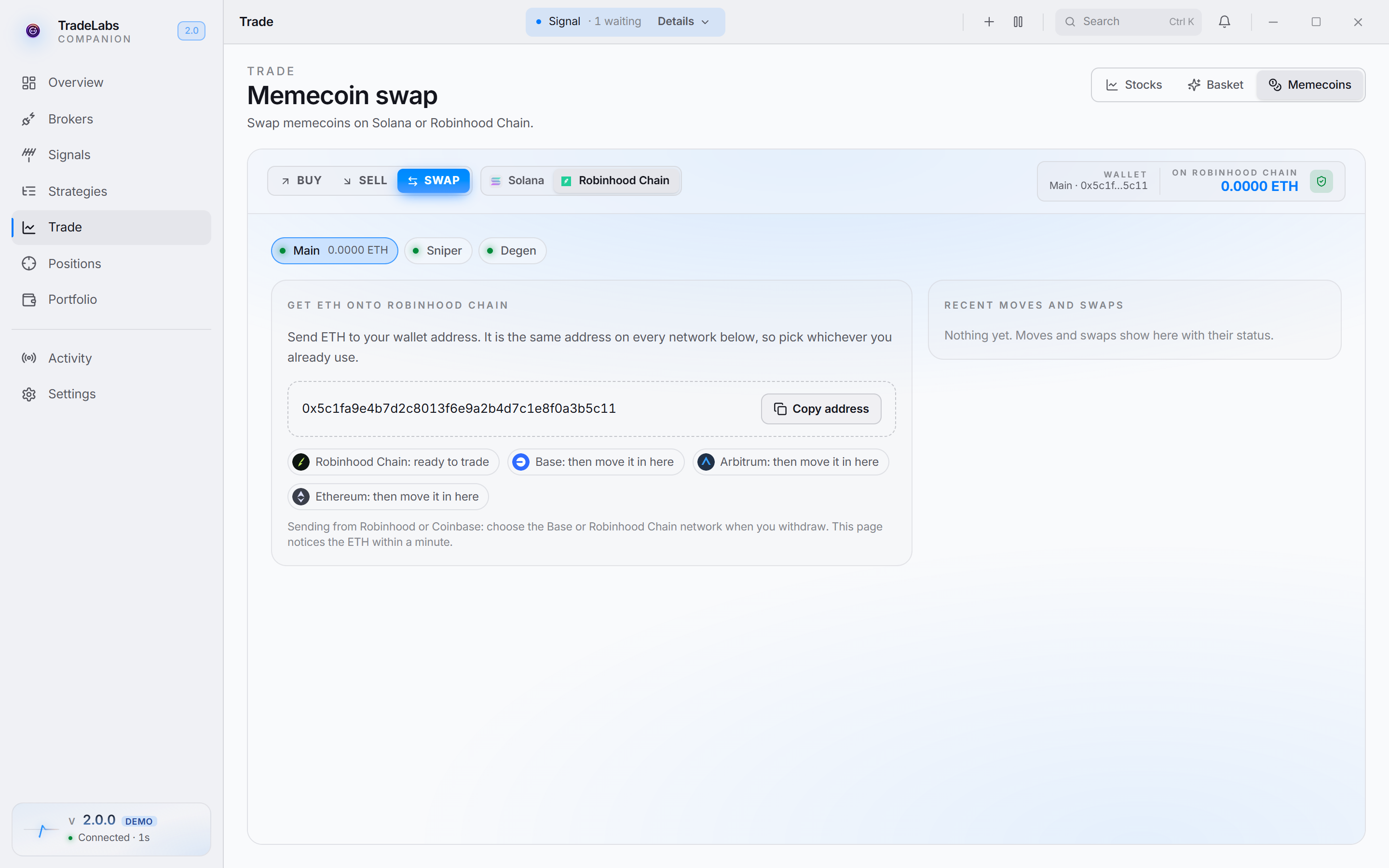 The Get ETH onto Robinhood Chain card for an empty wallet