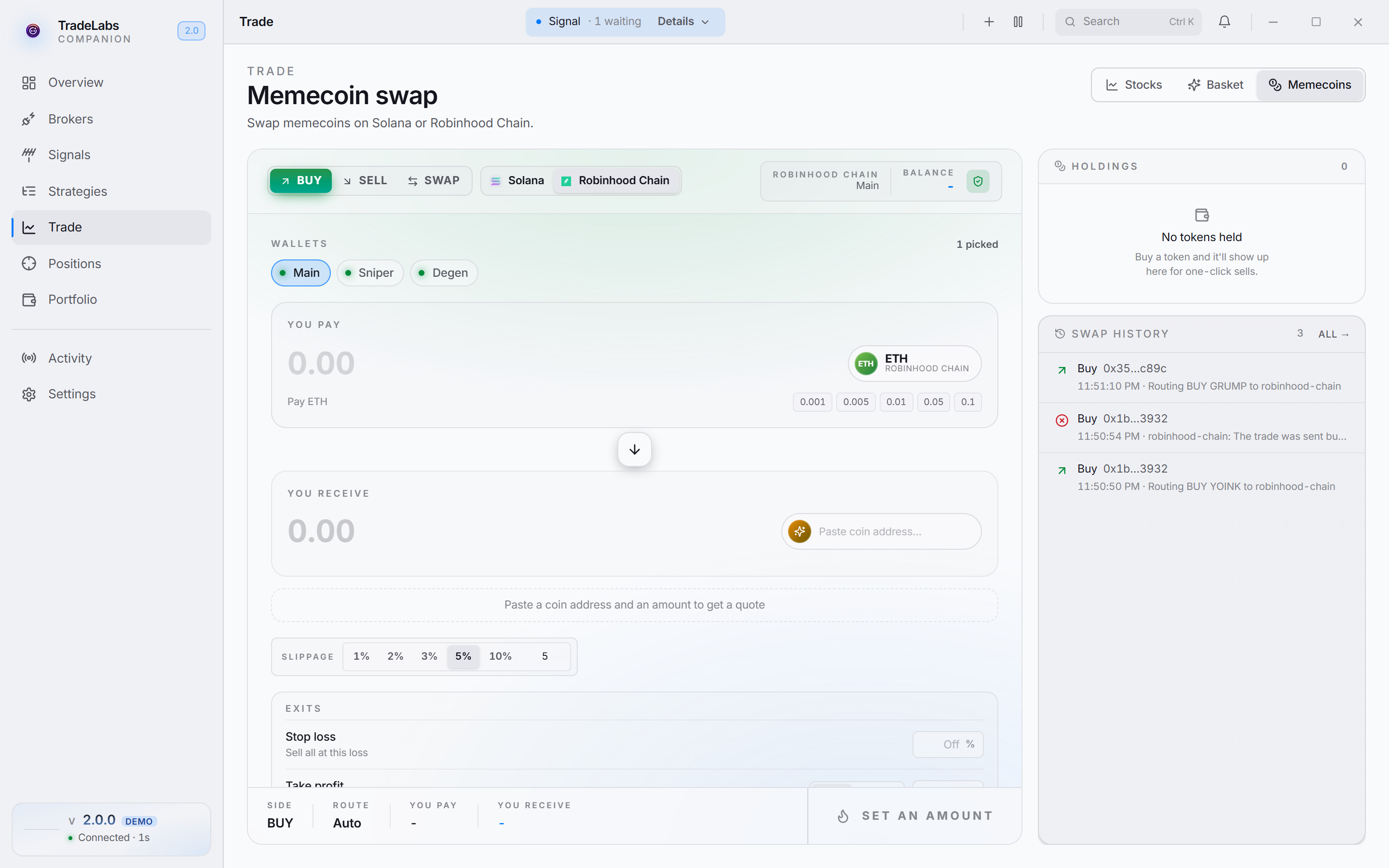 The Trade page in Memecoins mode on Robinhood Chain