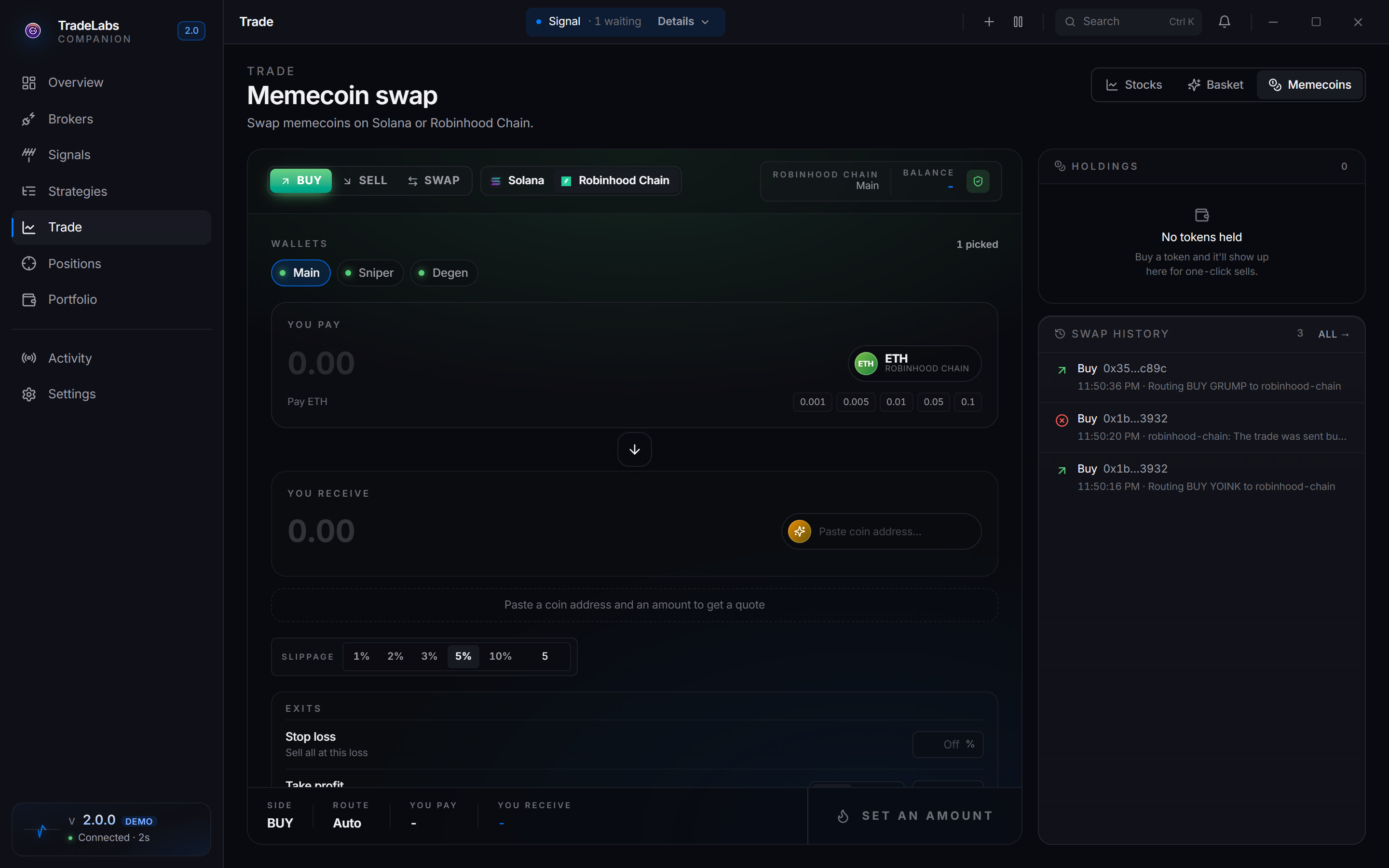 The Trade page in Memecoins mode on Robinhood Chain