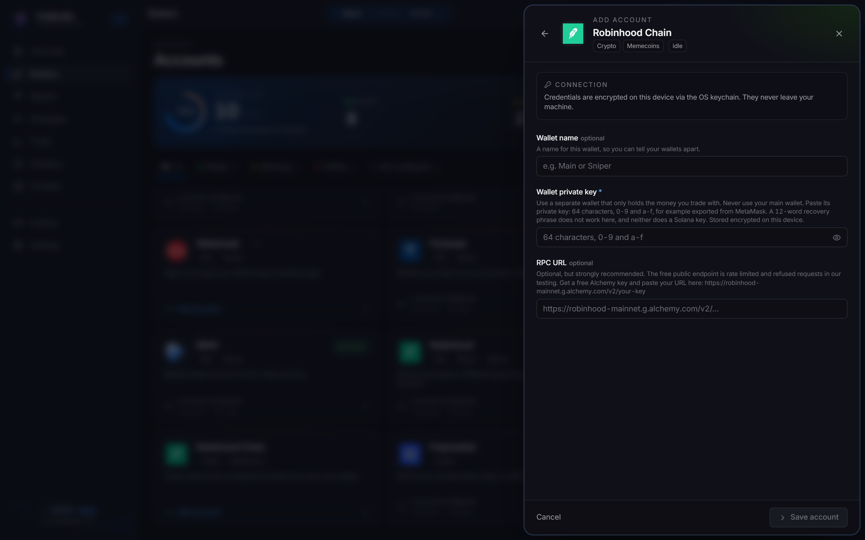 The Robinhood Chain connect form in the app