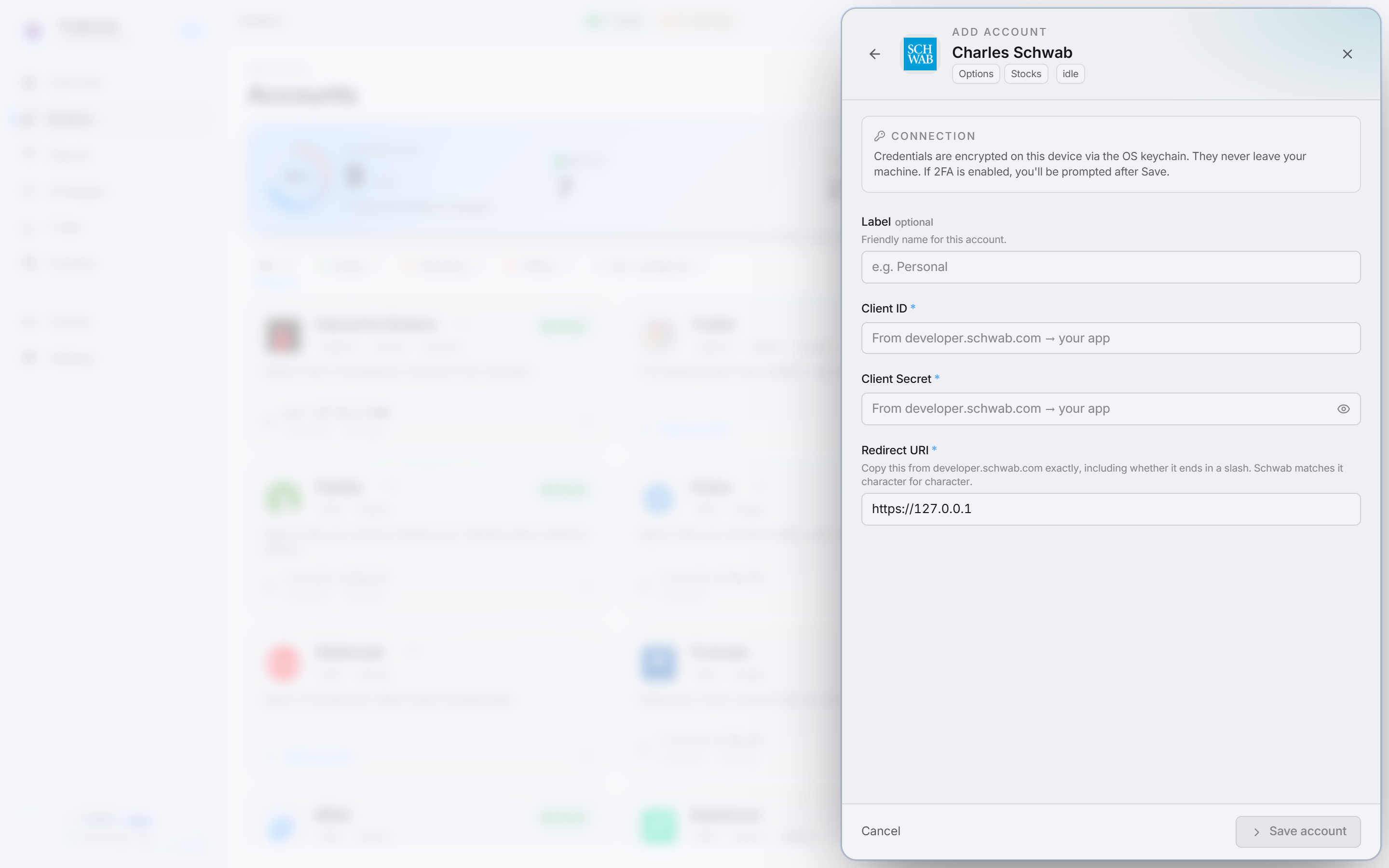 The Charles Schwab connect sheet, asking for a Client ID, Client Secret and Redirect URI