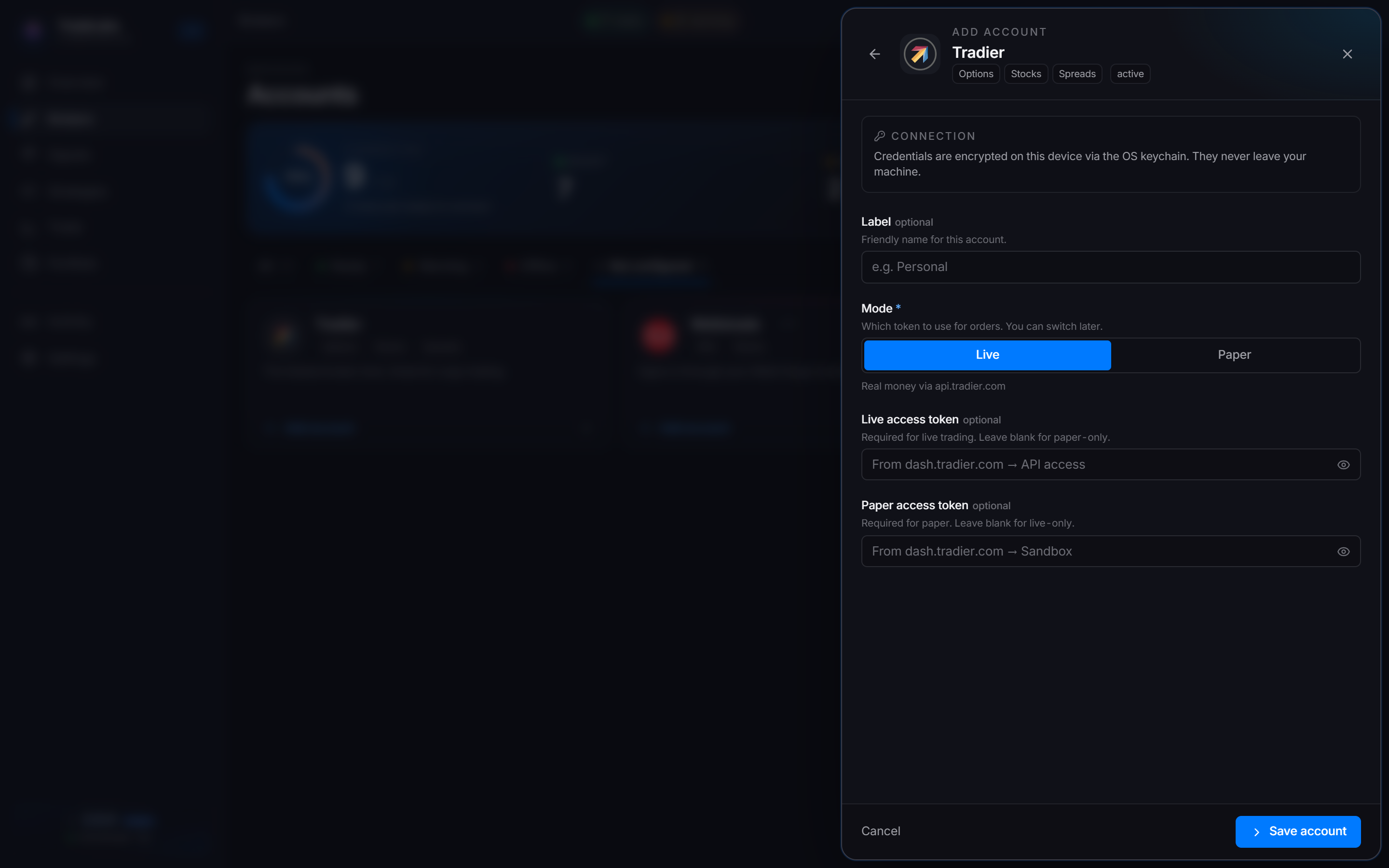 The Tradier connect sheet, asking for a live or paper API access token