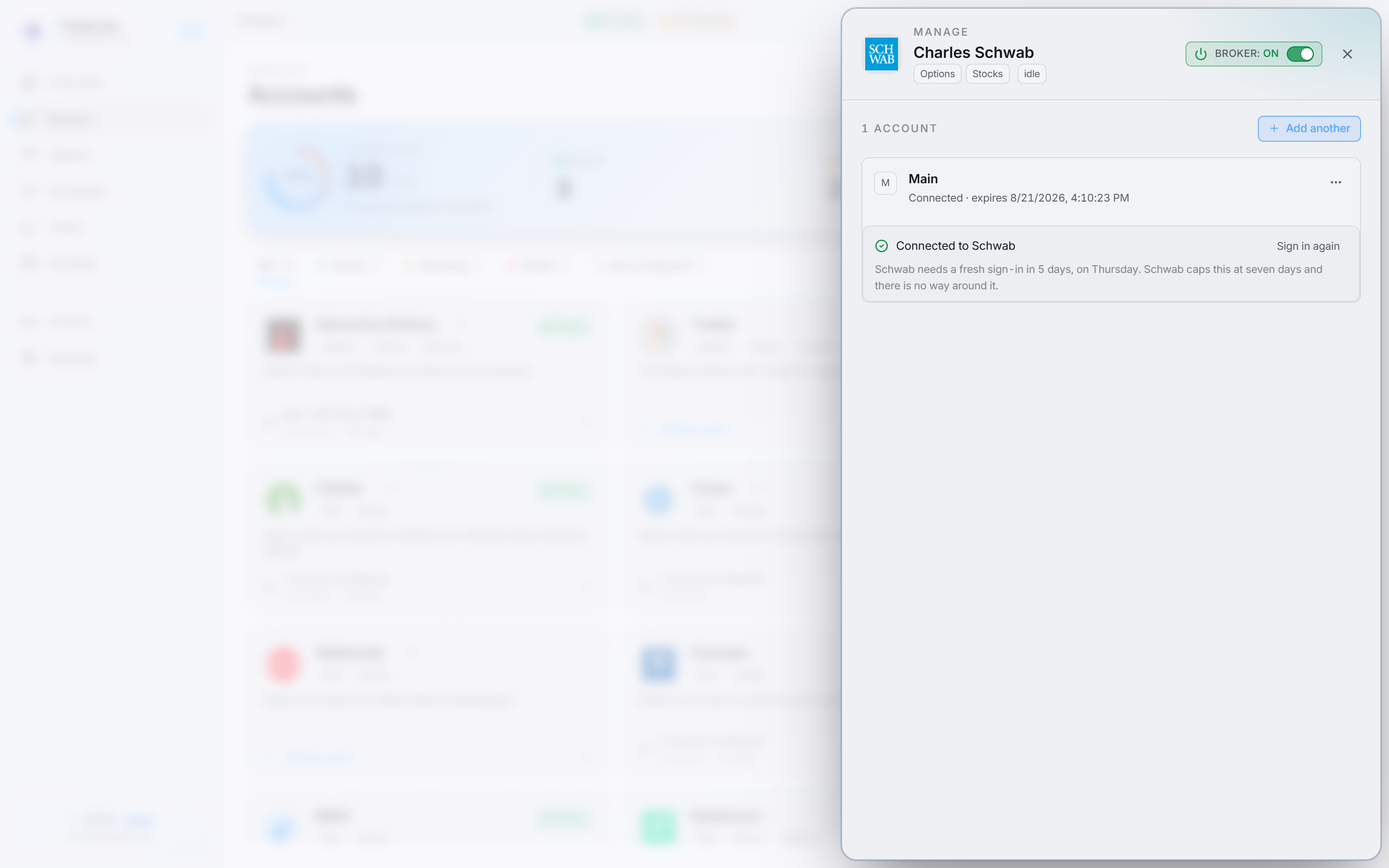 The Schwab account panel, showing Connected to Schwab and the days left before the next sign-in