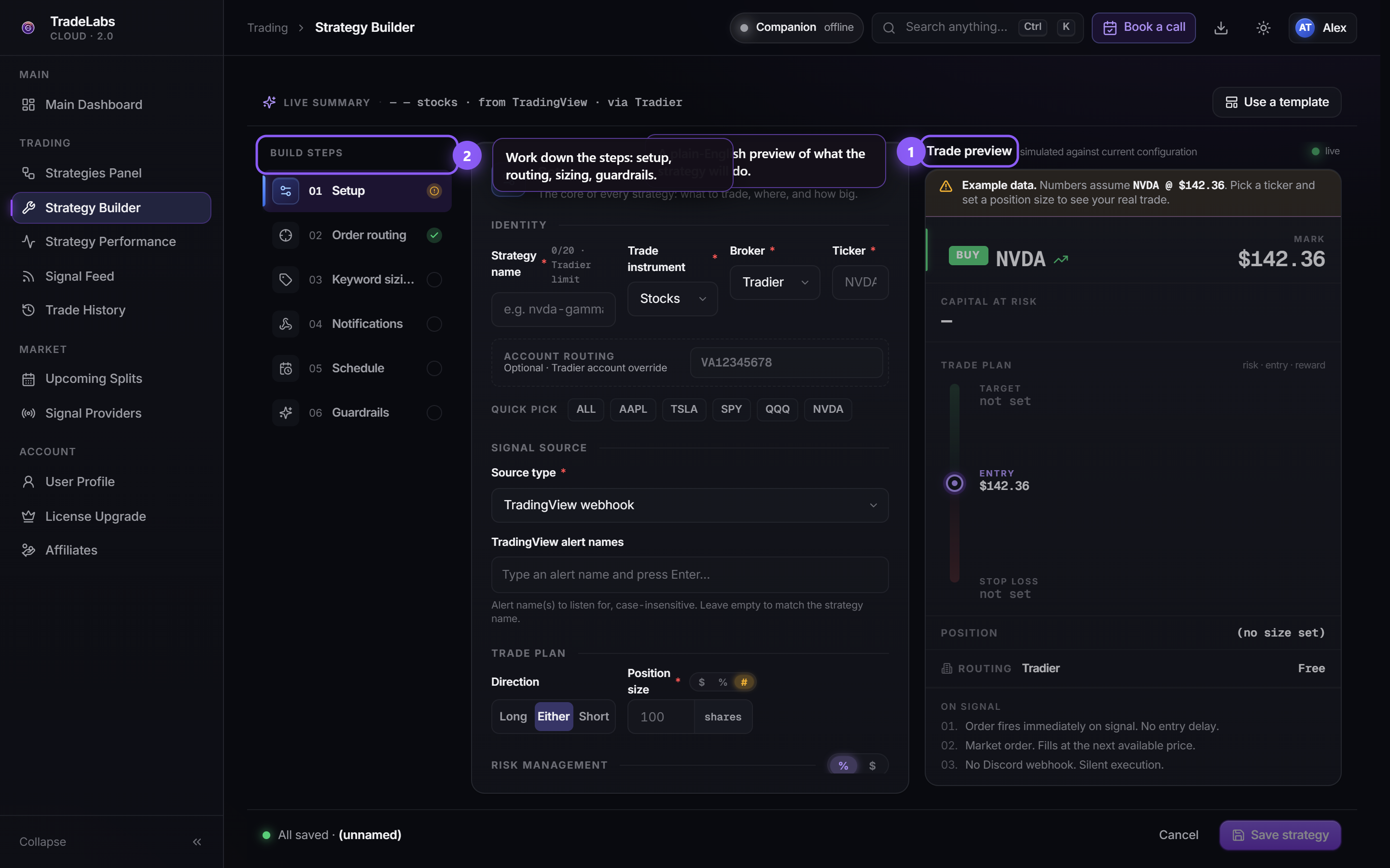The Strategy Builder three-column workspace: section rail, form, and live preview