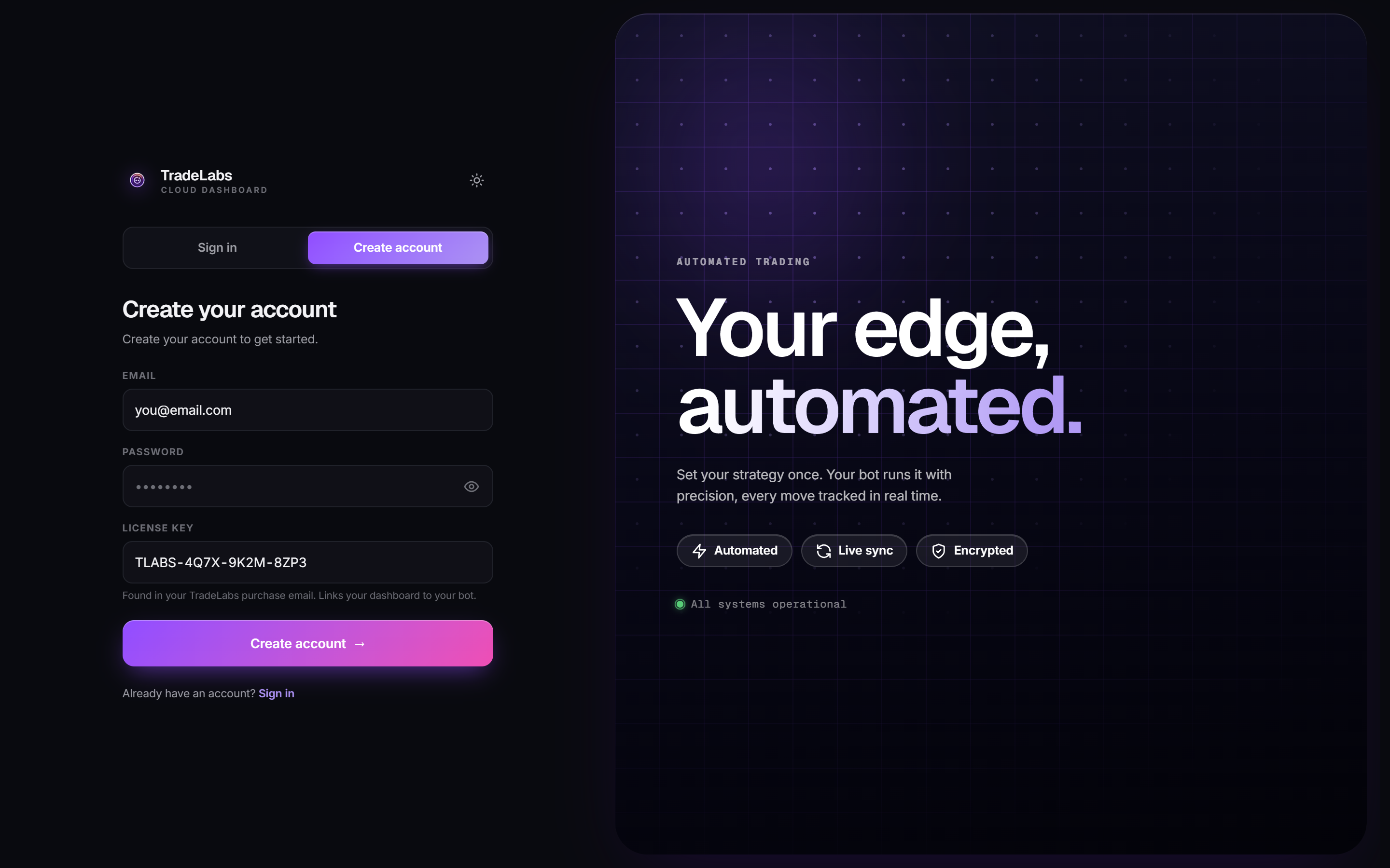 The Create account form on the TradeLabs Cloud Dashboard