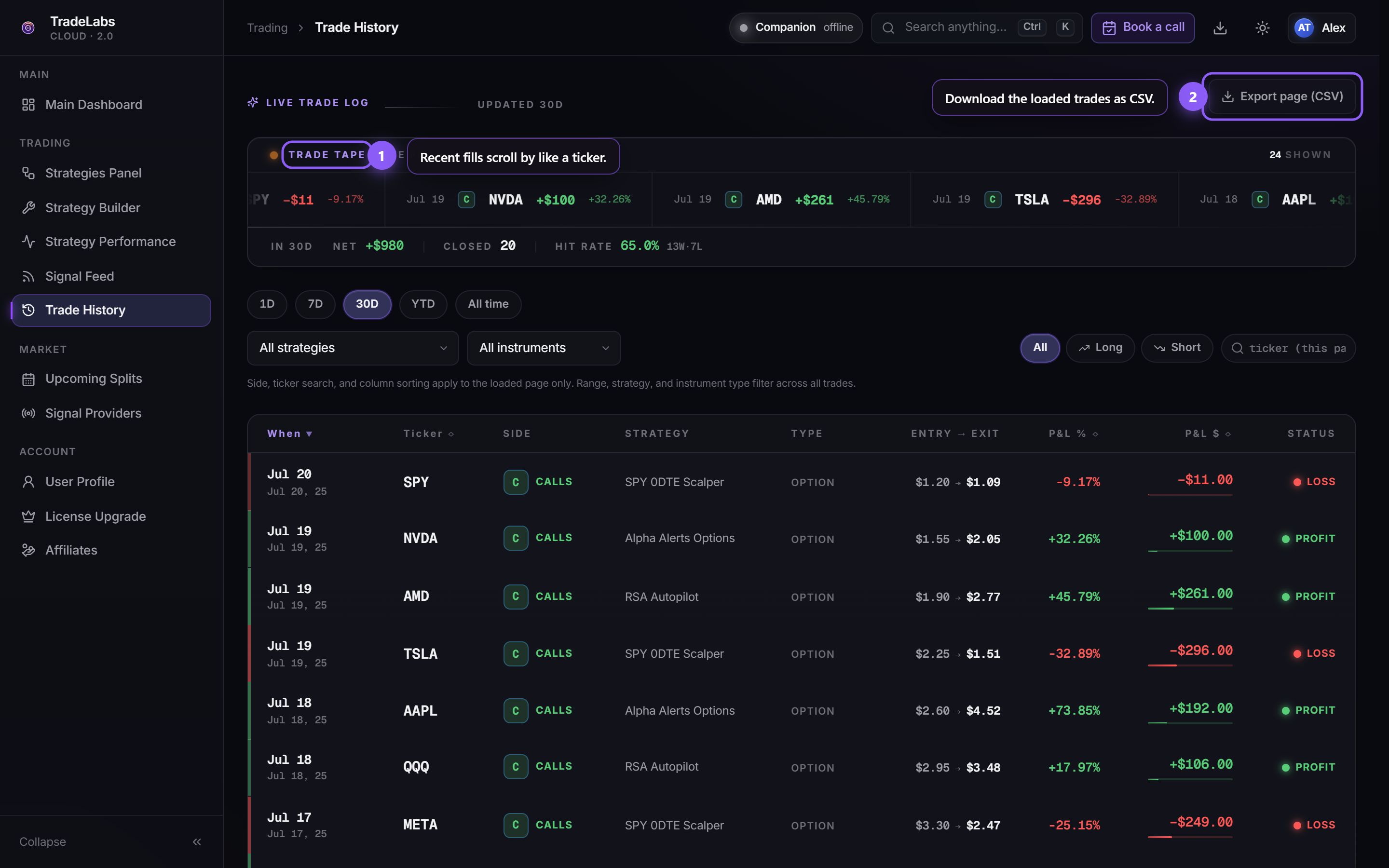 The Trade History page with a scrolling trade tape and a full table of closed trades