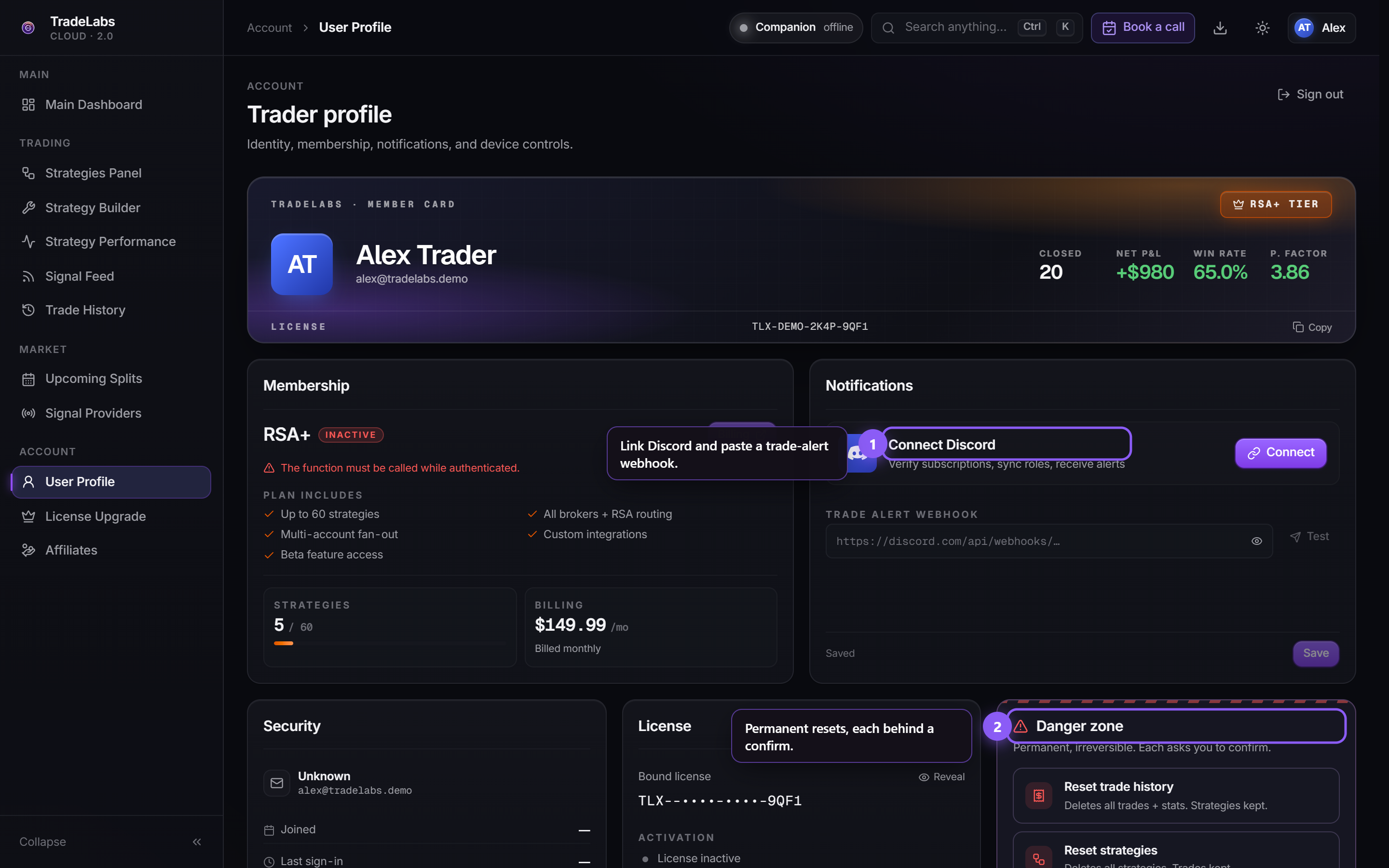 The User Profile page with the trader card, lifetime KPIs, membership, and license key