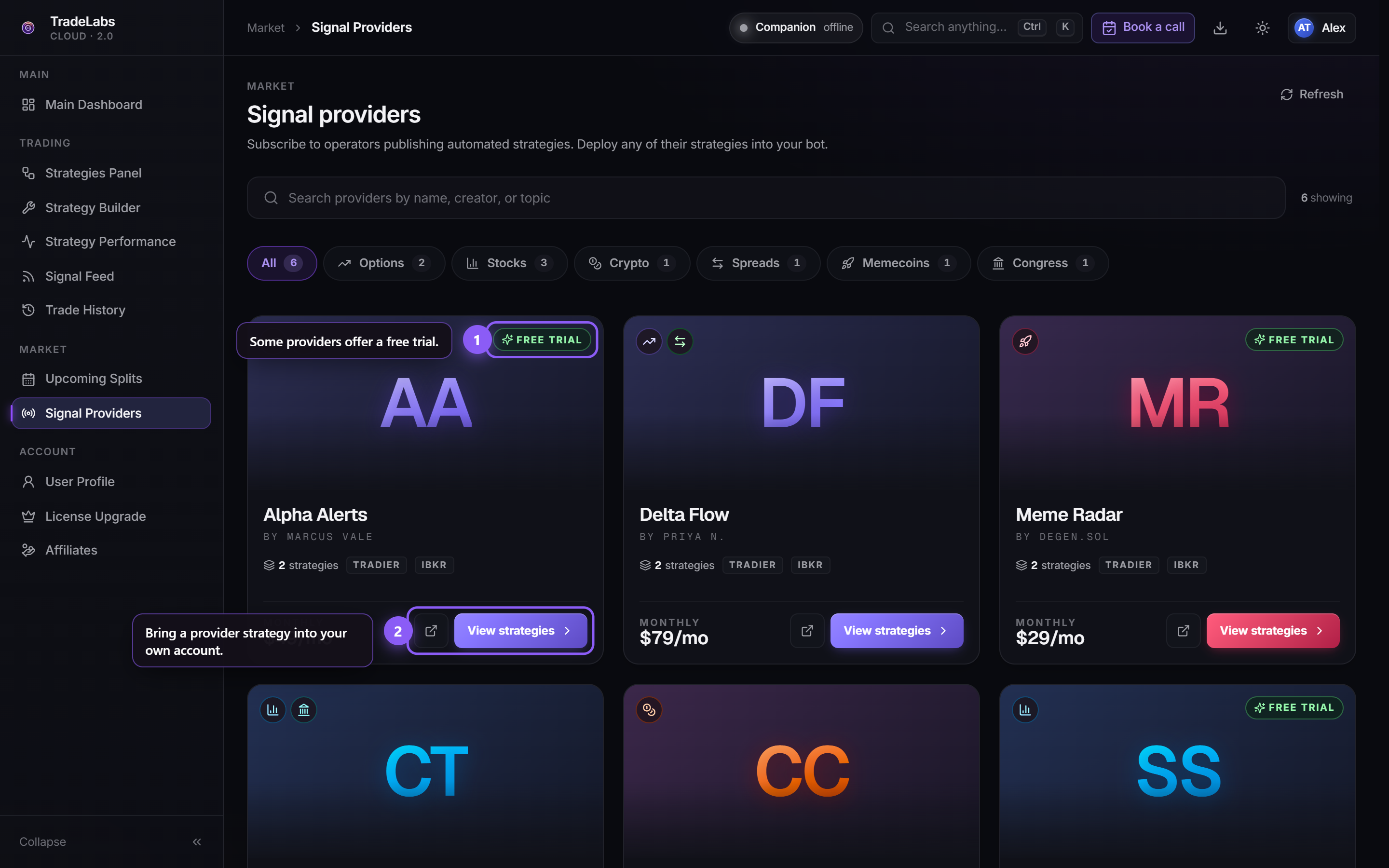 The Signal Providers marketplace with category tabs and provider tiles showing prices and free-trial badges