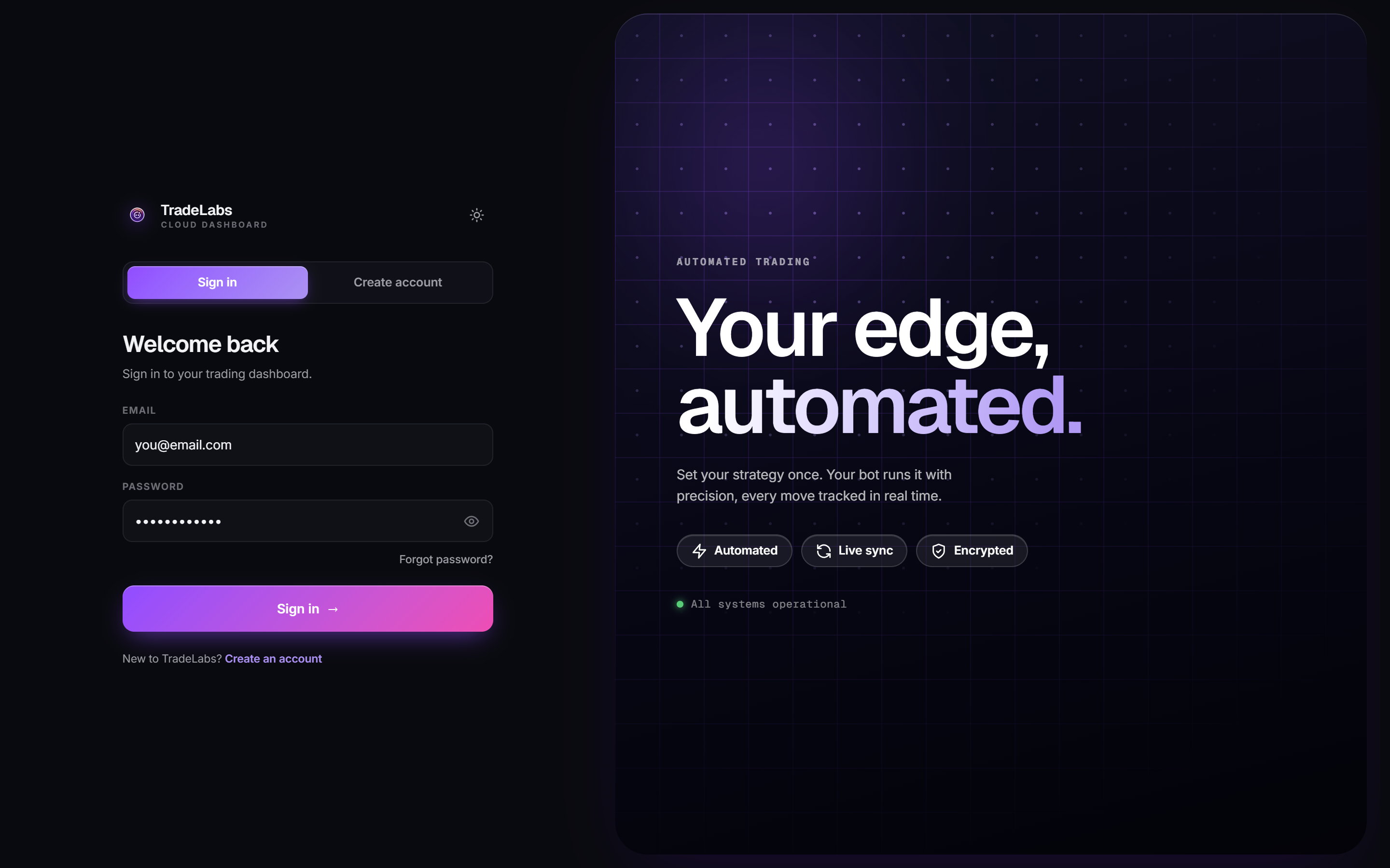 The Sign in tab on the TradeLabs Cloud Dashboard
