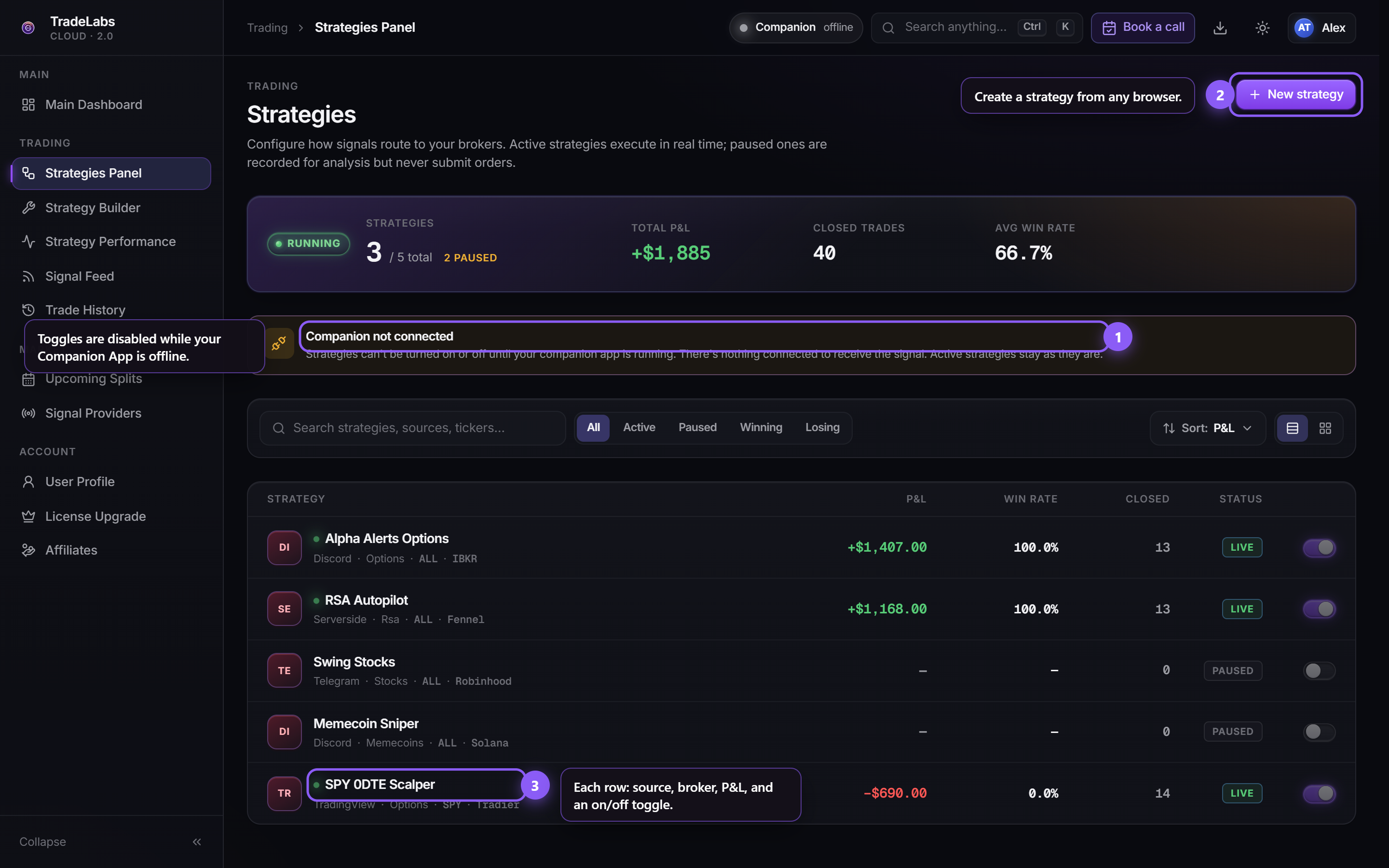 The Strategies panel with the aggregate bar, the companion-offline notice, filters, and strategy rows with toggles