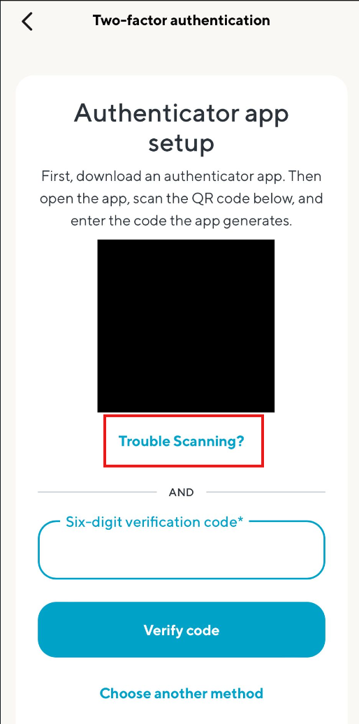 SoFi Authenticator app setup screen with the Trouble Scanning? link highlighted below the QR code