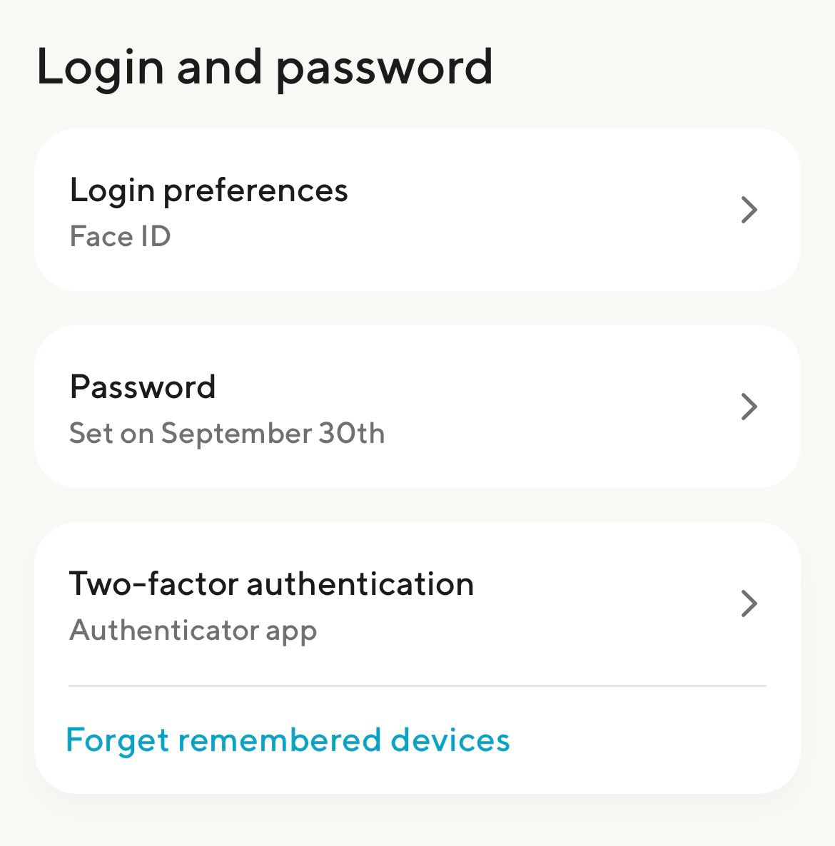 SoFi app Login and password screen showing Two-factor authentication set to Authenticator app