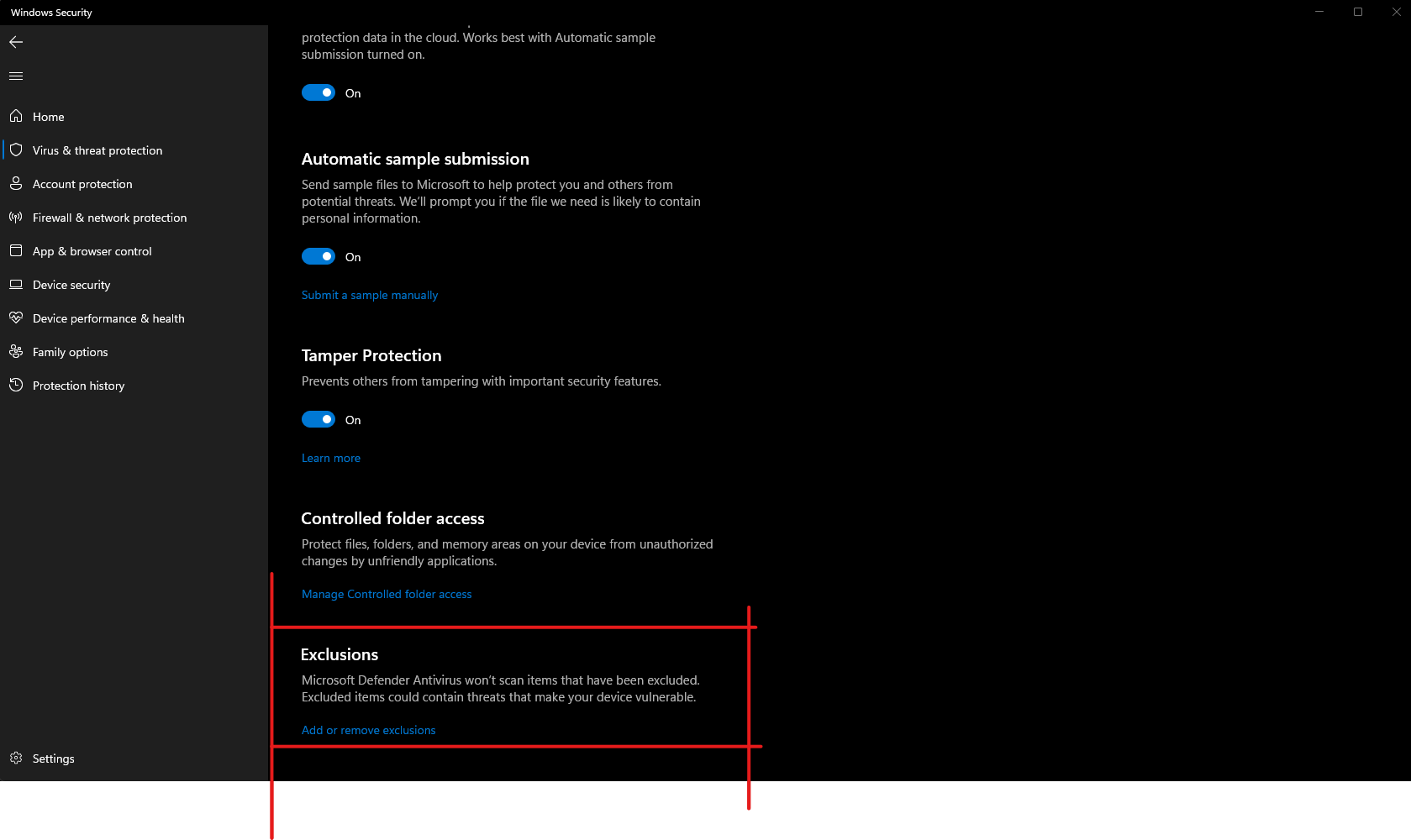 The Exclusions section at the bottom of the protection settings, with Add or remove exclusions