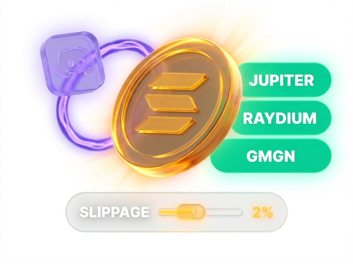 Solana memecoin trading via Discord with Jupiter, Raydium and GMGN routing