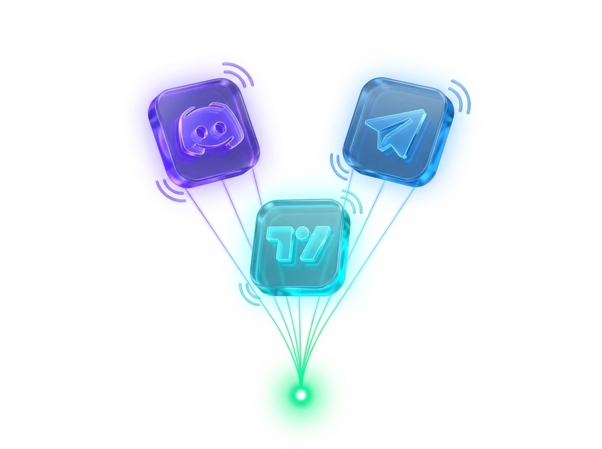 Discord, Telegram and TradingView icons connecting to TradeLabs